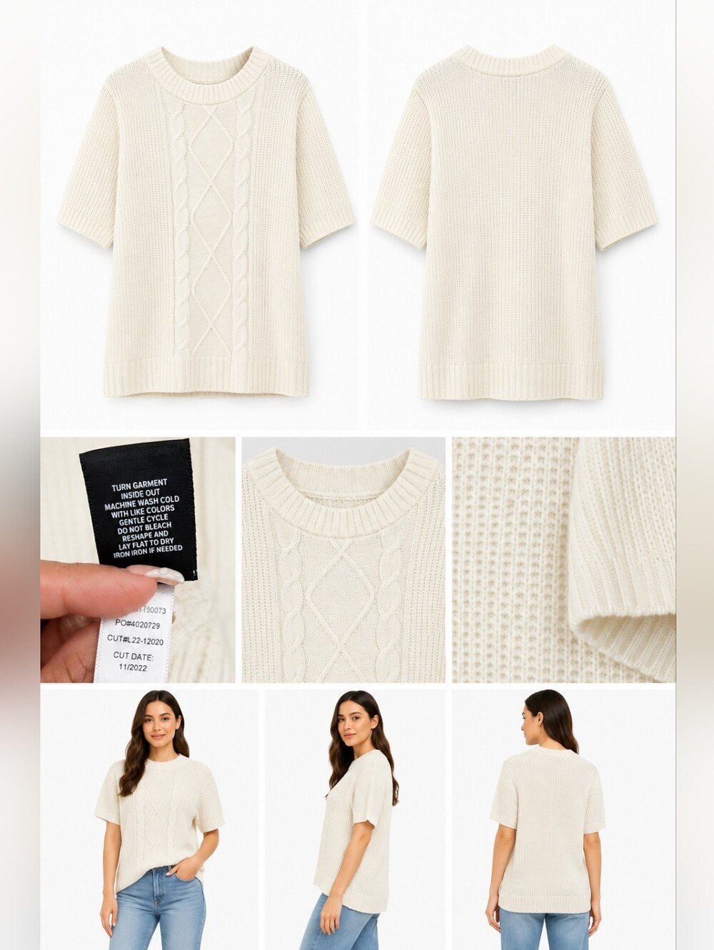 Torrid Size 3 Ivory Cable Knit Sweater Top Short Sleeve Crew Neck Plus Size 3X.